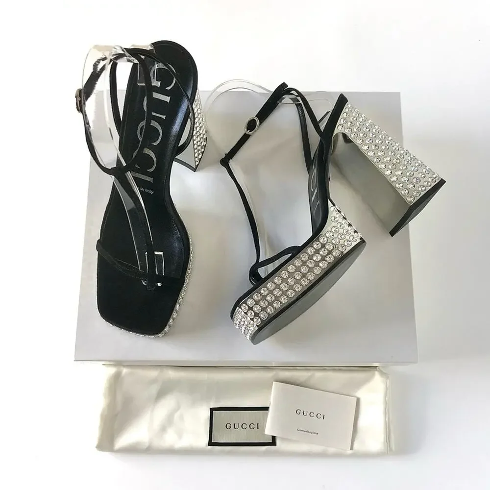 Gucci Rare Naimah Nero Crystal Embellished Platform Strappy Sandals 39